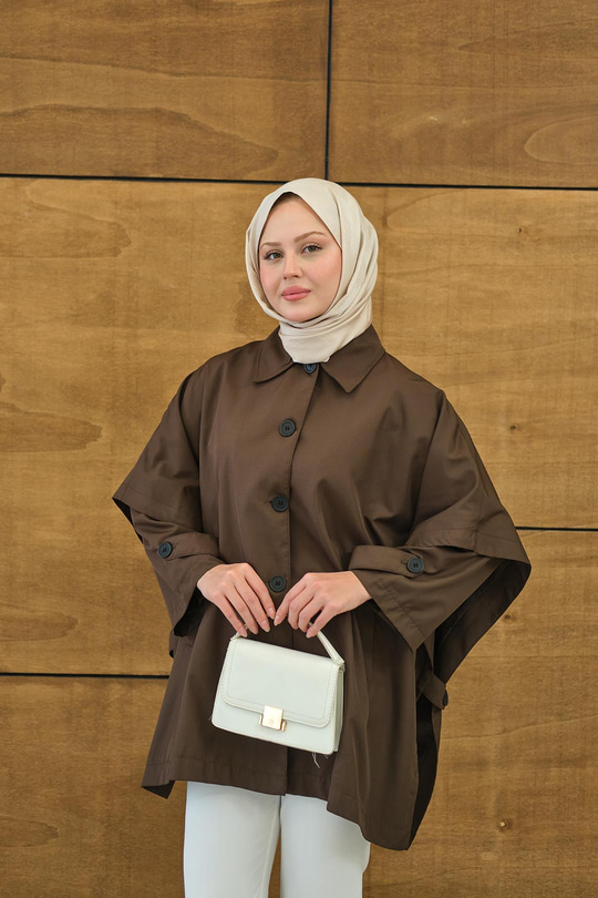 Pelerin Kol Kısa Trenç Kahverengi