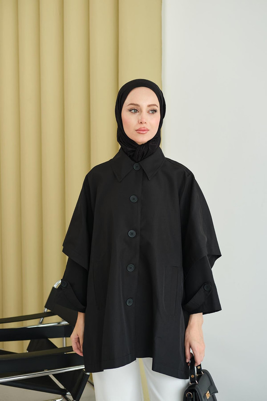 Pelerin Kol Kısa Trenç Siyah