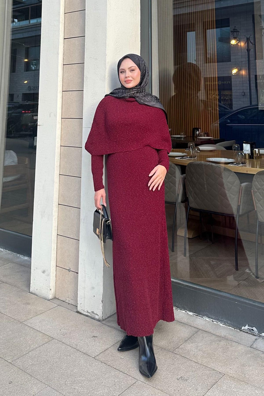 Pelerin Yaka Elbise Bordo