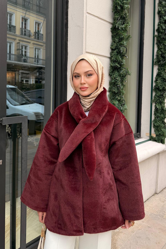 Peluş Detay Şallı Ceket Bordo