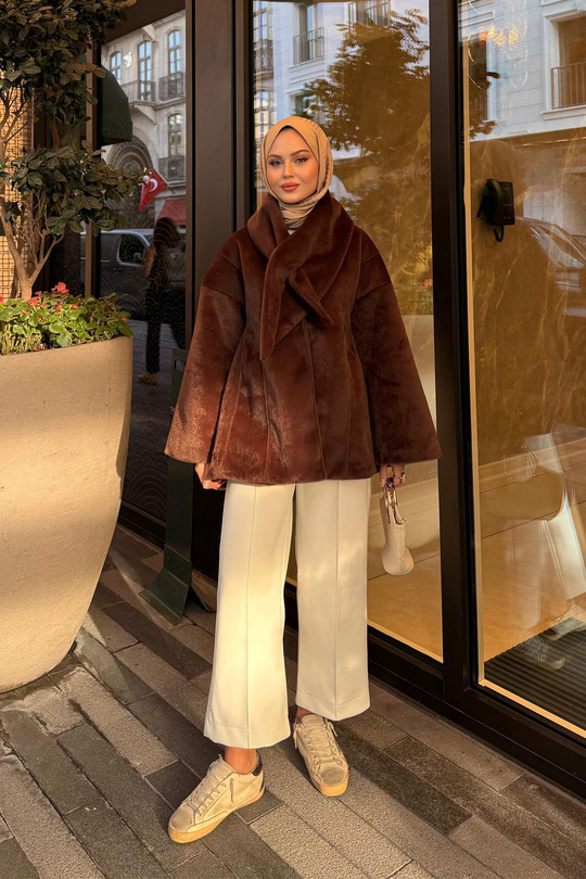 Peluş Detay Şallı Ceket Kahverengi
