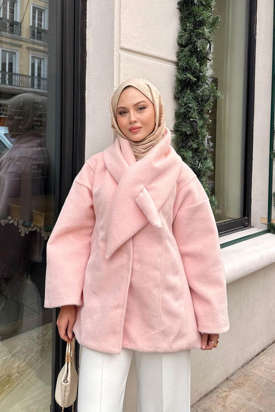 Peluş Detay Şallı Ceket Pembe