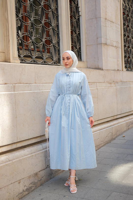 Pile Detay Bel Bağlamalı Elbise Açık Mavi