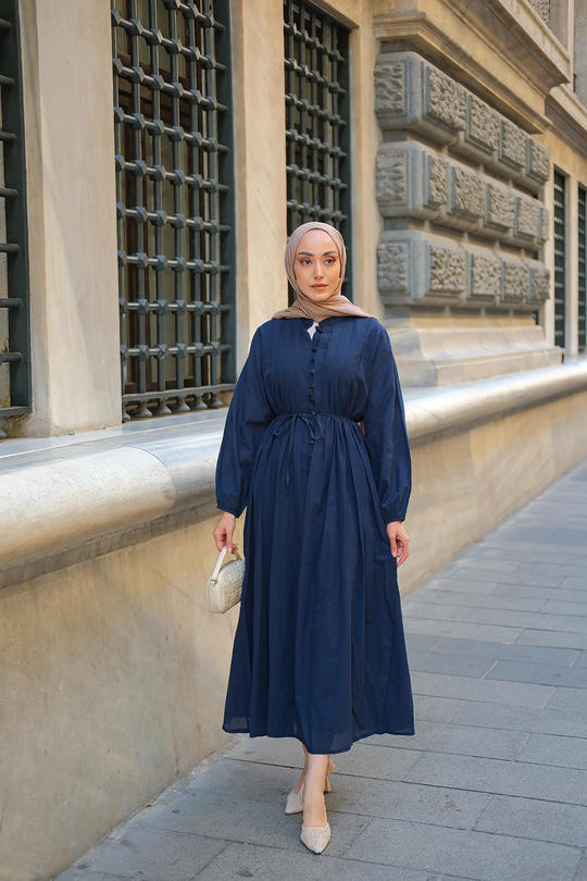 Pile Detay Bel Bağlamalı Elbise Lacivert