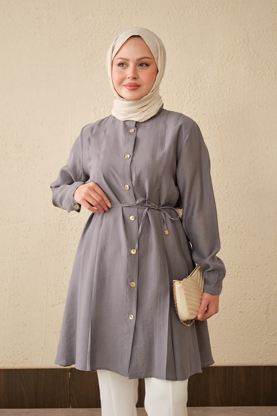 Pile Detay Bel Bağlamalı Uzun Gömlek Gri