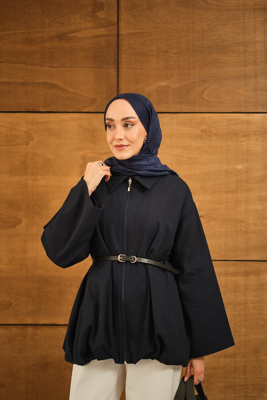 Pile Detay Gabardin Ceket Lacivert