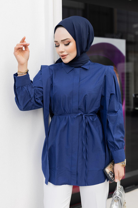 Pile Detay Önü Gizli Düğmeli Gömlek Lacivert