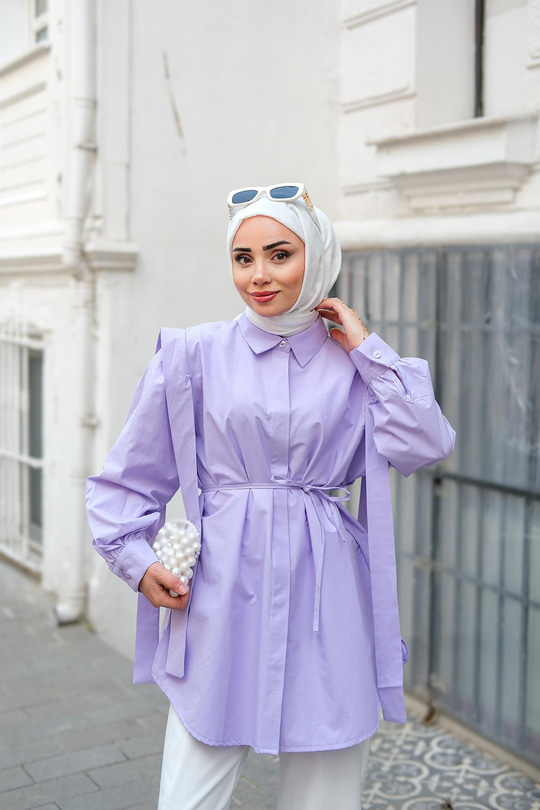 Pile Detay Önü Gizli Düğmeli Gömlek Lila