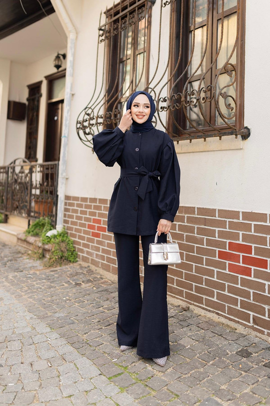 Pile Detaylı Kuşaklı İkili Takım  Lacivert