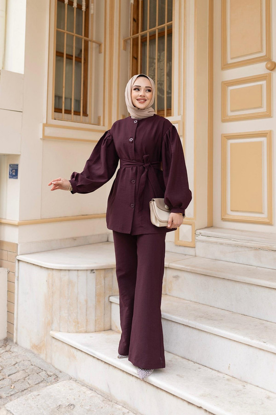 Pile Detaylı Kuşaklı İkili Takım  Mürdüm