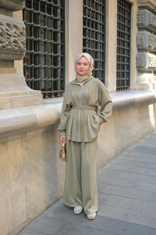 Pile Detaylı Tokalı Takım Fıstık Yeşil