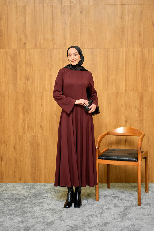 Pile Dikiş Detay Elbise Bordo