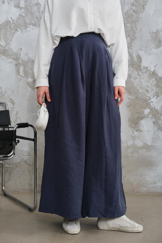 Pileli Bol Paça Pantolon Lacivert