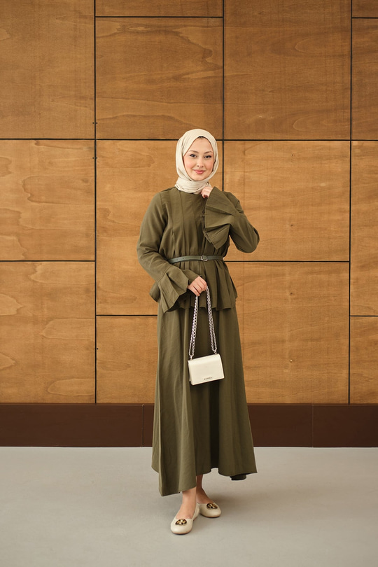 Pileli Kemer Bağlamalı Etekli Takım Haki Yeşil