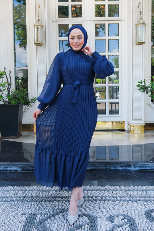 Pilise Detay  Elbise Lacivert