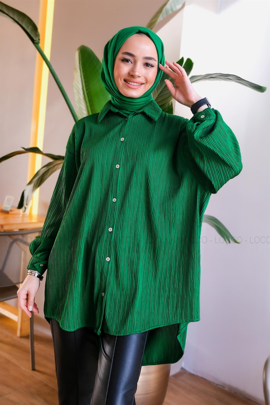 Uygun Fiyatlı PLISELI ORME GOMLEK YESIL | Loccomoda.com 