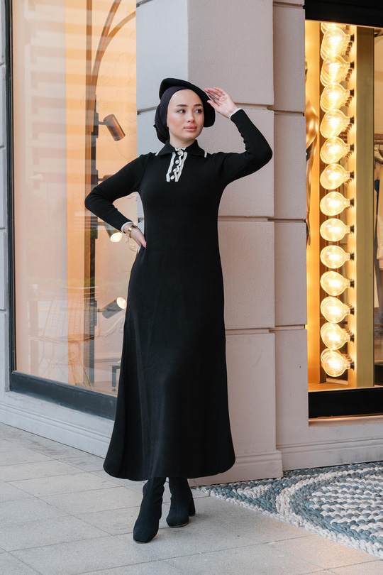 Polo Yaka Triko Elbise Siyah