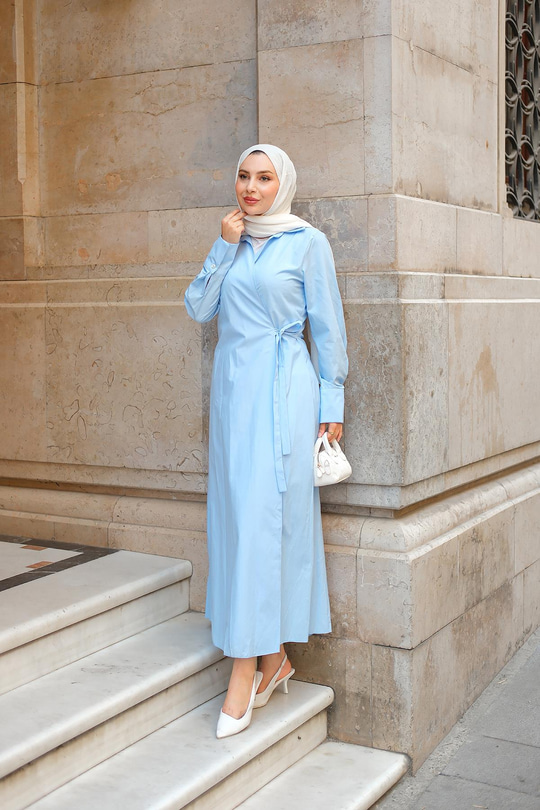 Poplin Yan Bağlamalı Elbise Bebe Mavi