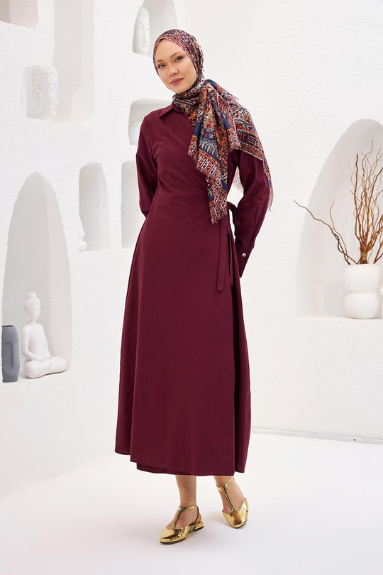 Poplin Yan Bağlamalı Elbise Bordo