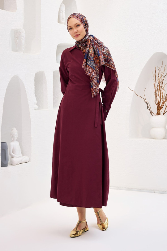 Poplin Yan Bağlamalı Elbise Bordo