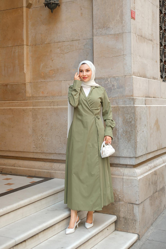 Poplin Yan Bağlamalı Elbise Haki Yeşil