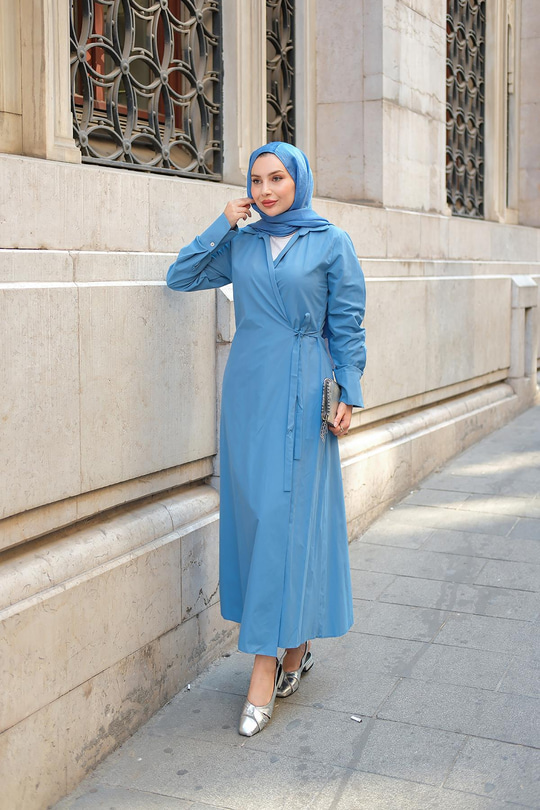 Poplin Yan Bağlamalı Elbise İndigo Mavi