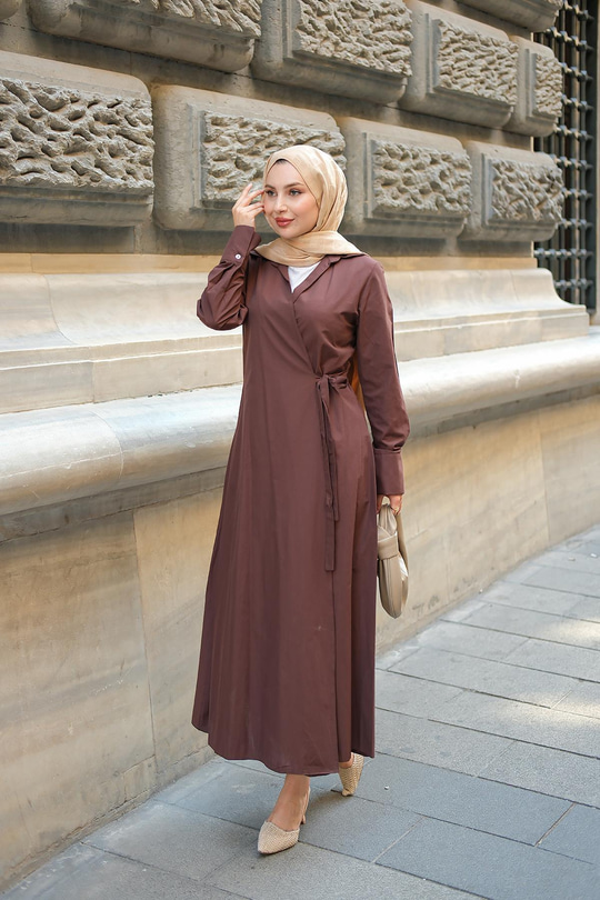 Poplin Yan Bağlamalı Elbise Kahverengi