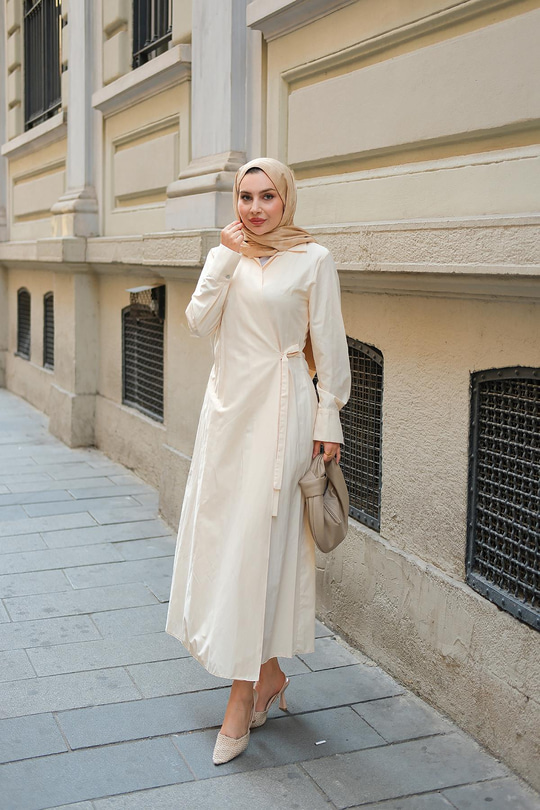 Poplin Yan Bağlamalı Elbise Krem