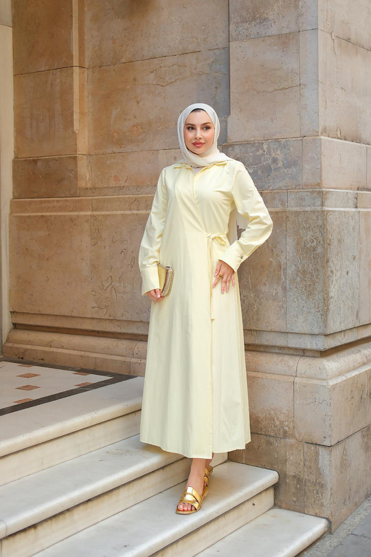 Poplin Yan Bağlamalı Elbise Sarı