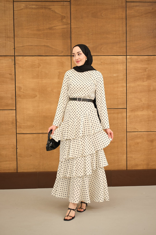 Puantiyeli Kat Kat Kemerli Elbise Beyaz