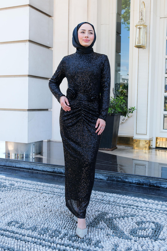Pul Detay Elbise  Siyah