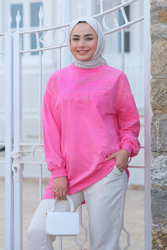 Pul Detaylı İki İplik Tunik Pembe
