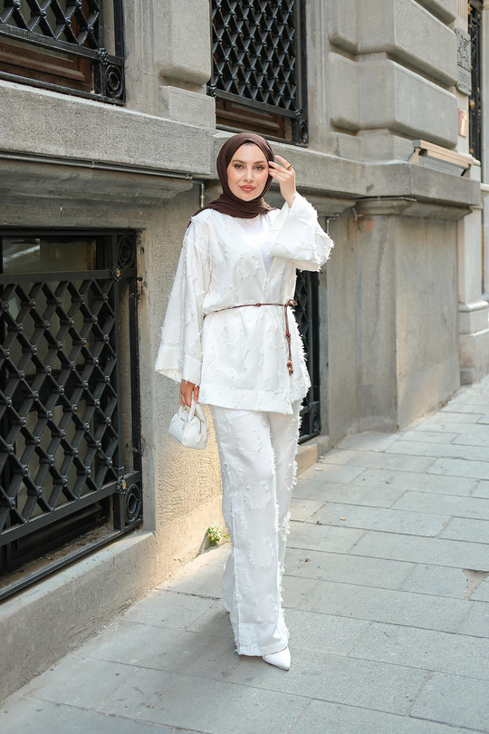 Püskül Detay Kimono İkili Takım Beyaz
