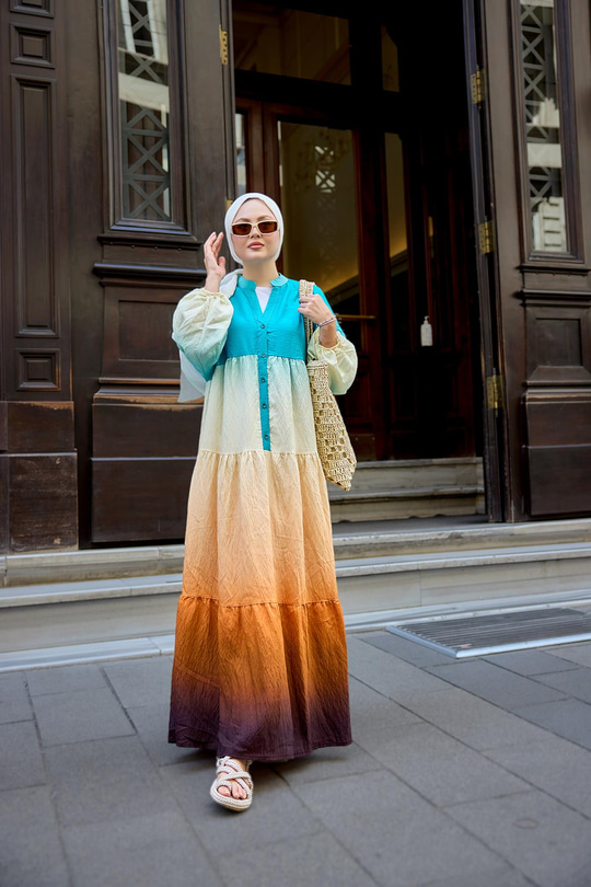 Renkli Batik Elbise Mavi