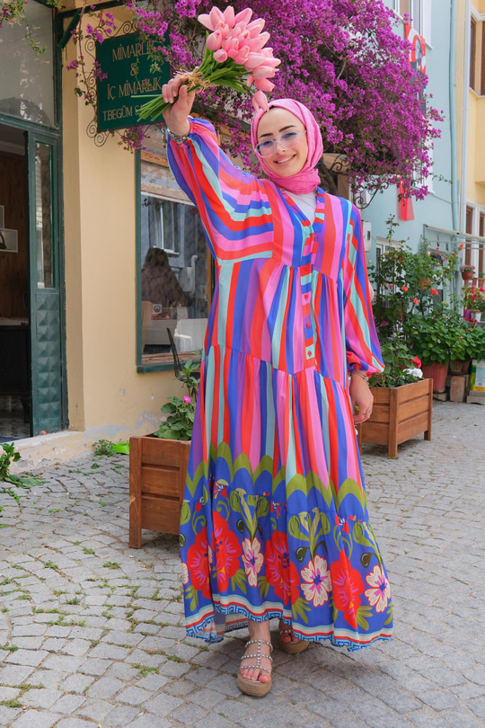 Renkli Çizgi Detay Elbise Açık Mavi