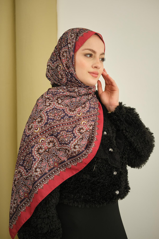 Retro Desen Soft Şal Bordo