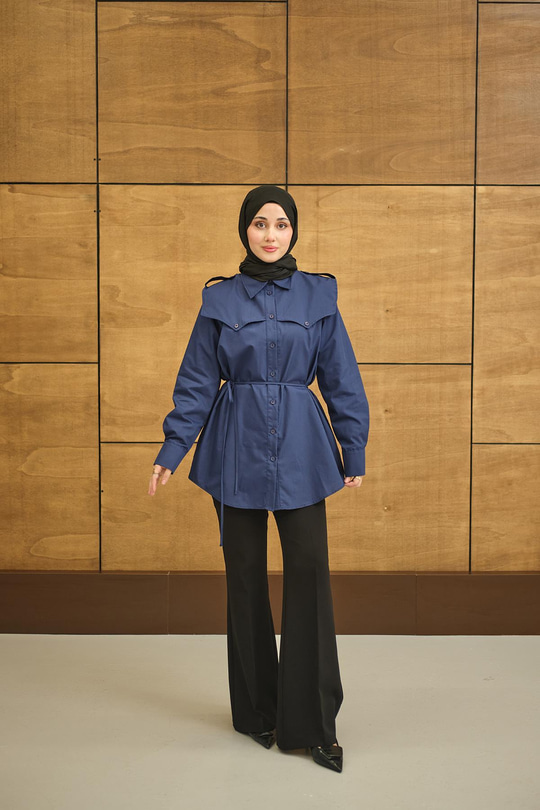 Roba Detaylı Kemerli Regular Poplin Gömlek Lacivert