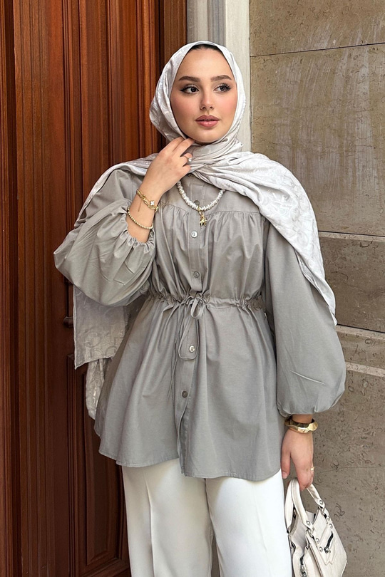 Robadan Büzgü Detaylı Balon Kol Gömlek Küf Yeşil