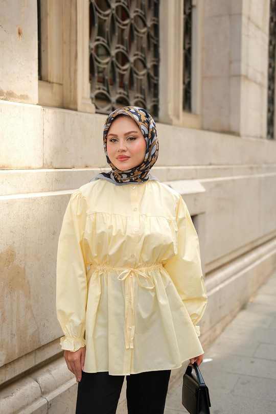 Robadan Büzgü Detaylı Balon Kol Gömlek Sarı