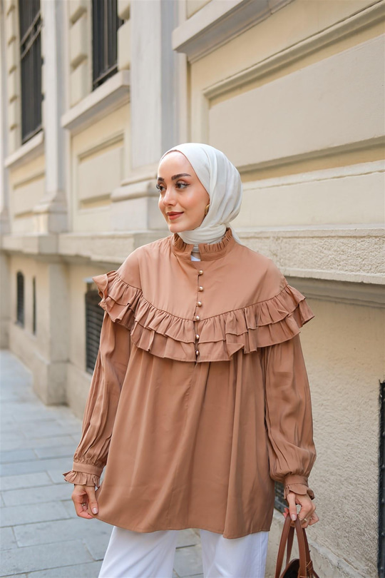 Robası Fırfırlı Cupra Tencel Gömlek Kahverengi