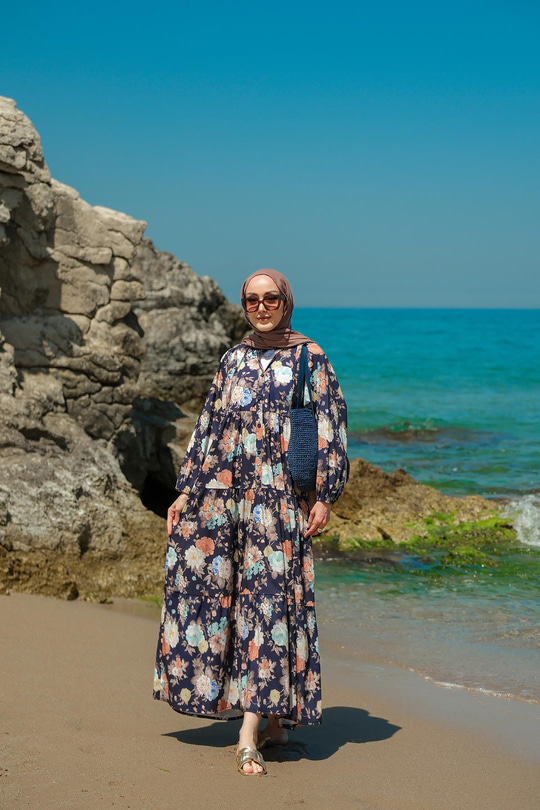 Rose Desenli Elbise Lacivert