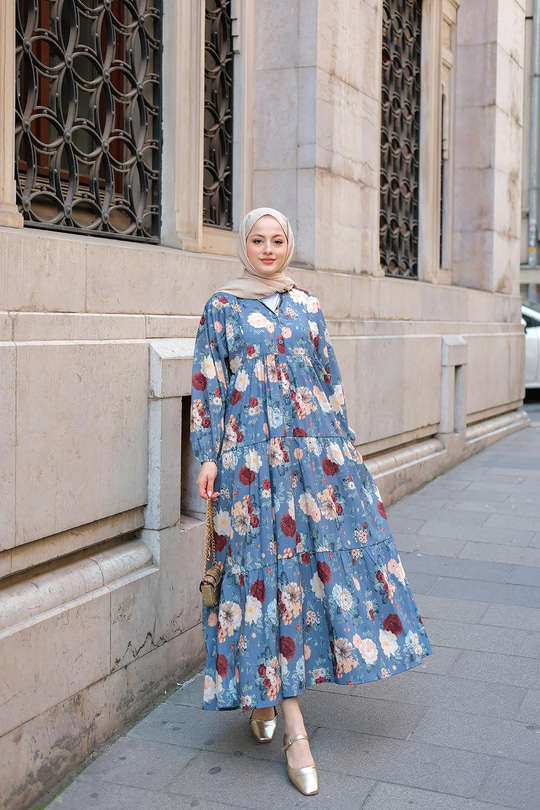 Rose Desenli Elbise Mavi