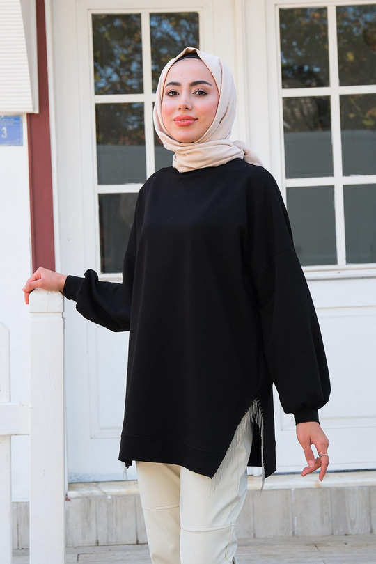 Saçaklı Zincirli Sweat Siyah