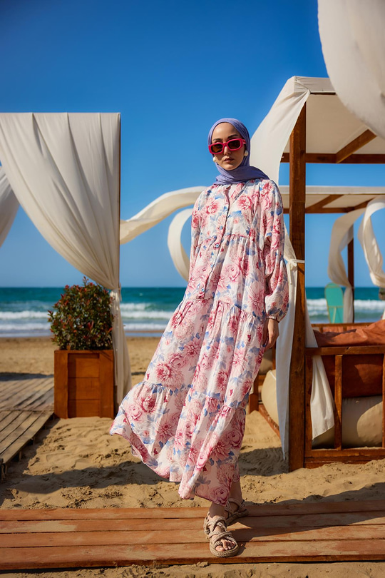 Şakayık Desen Elbise Mavi