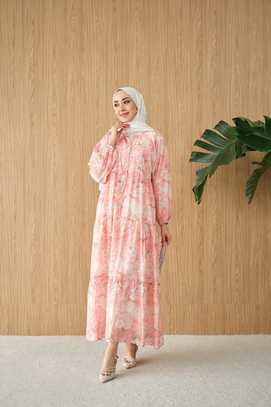 Şakayık Desen Elbise Pembe