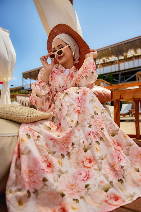 Şakayık Desen Elbise Somon