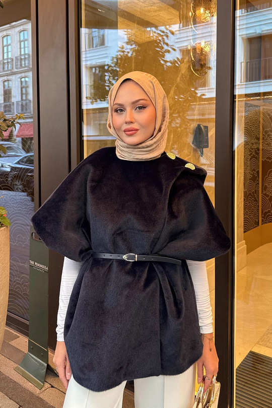 Şal Detay Kemerli Yelek Lacivert