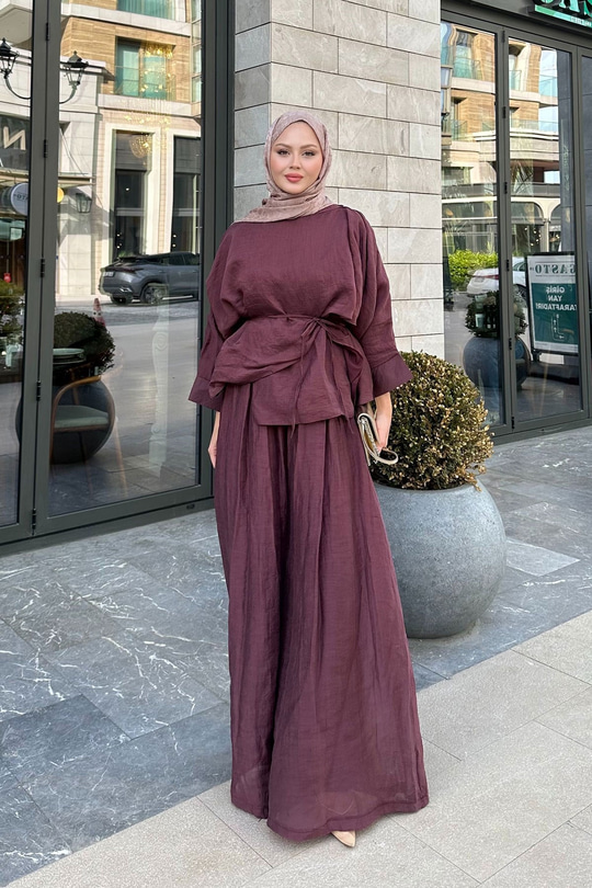 Şal Detay Pantolonlu Bel Bağlamalı Takım Bordo