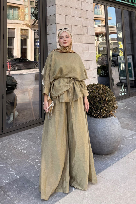 Şal Detay Pantolonlu Bel Bağlamalı Takım Yağ Yeşil