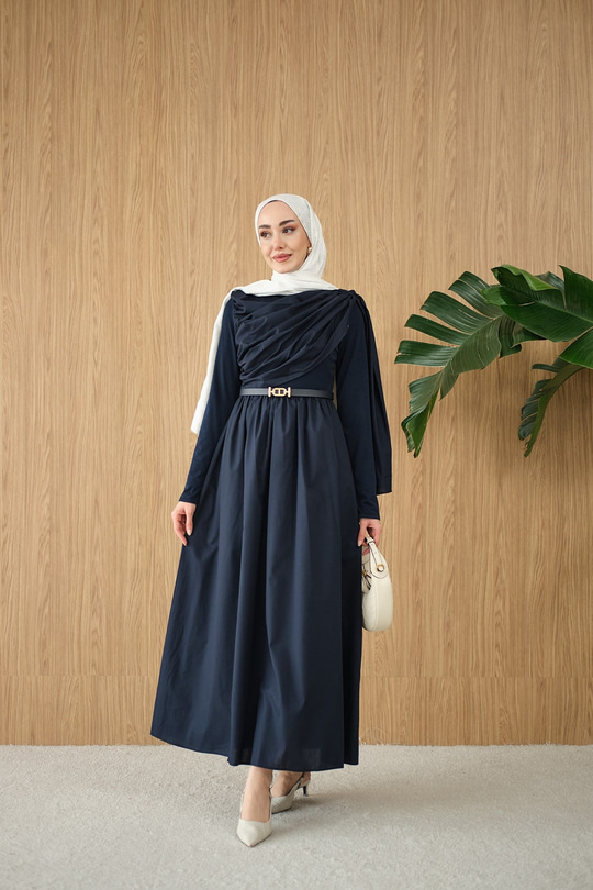Şal Detaylı Kemerli Poplin Elbise Lacivert